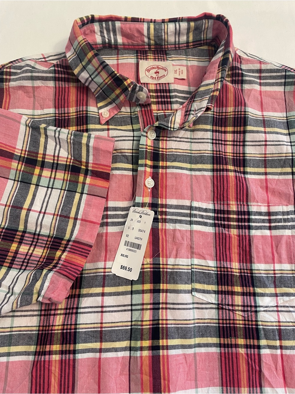 Brooks Brothers Red Fleece Men's XXL Madras Plaid Short Sleeve Popover Shirt NWT